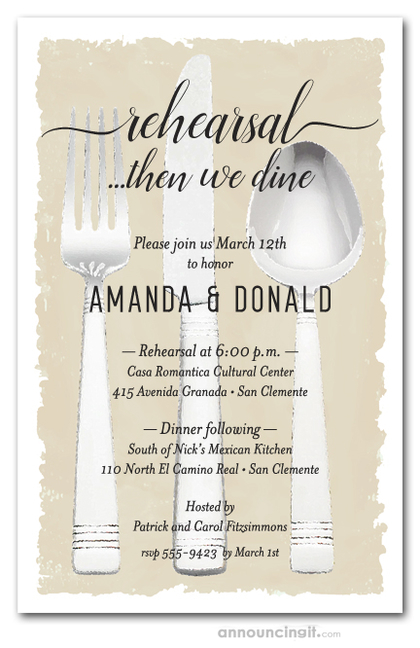 Flatware on Ivory Rehearsal Dinner Invitations