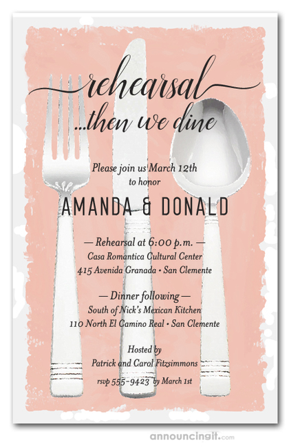 Flatware on Peach Rehearsal Dinner Invitations