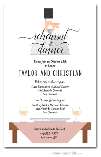 Waiter, Wine & Blush Pink Table Rehearsal Dinner Invitations