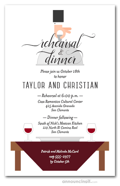 Waiter, Wine & Berry Red Table Rehearsal Dinner Invitations