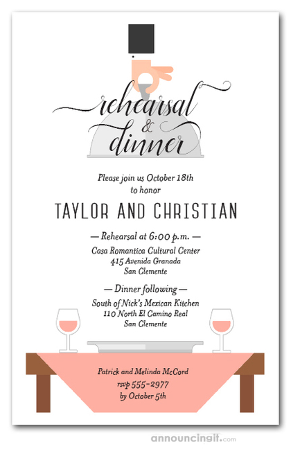 Waiter, Wine & Misty Rose Table Rehearsal Dinner Invitations