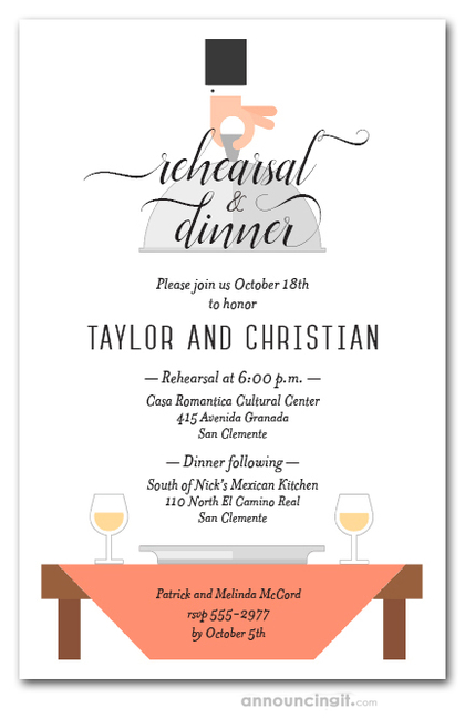 Waiter, Wine & Peach Table Rehearsal Dinner Invitations