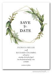 Foliage on Gold Geometric Wreath Save the Date Cards