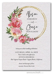 Peonies and Gold Circles Floral Wreath Wedding Invitations