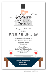 Waiter, Wine & Navy Table Rehearsal Dinner Invitations