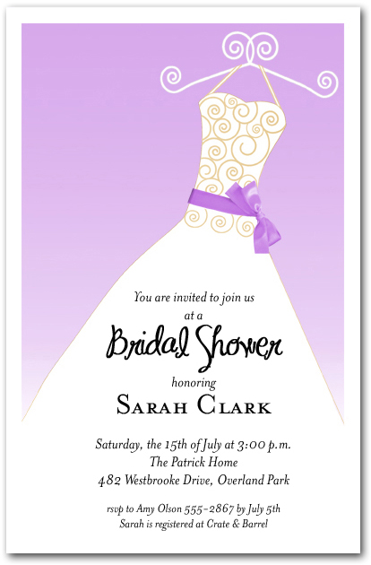 a wording shower invitation baby Ribbon Bridal Gown Sash Lilac on Invitations, Shower White